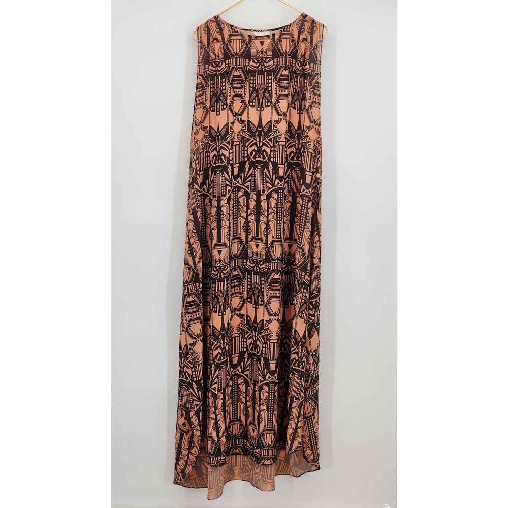 Odylyne Boho Geometric Silk Peach Maxi Dress Side Slits Size Small